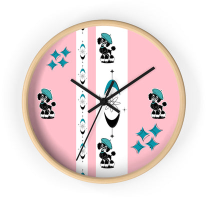 Mid Century Modern Atomic Pink Starburst Wall Clock with Cute Retro Mod Poodle Design - Mid Century Modern Gal
