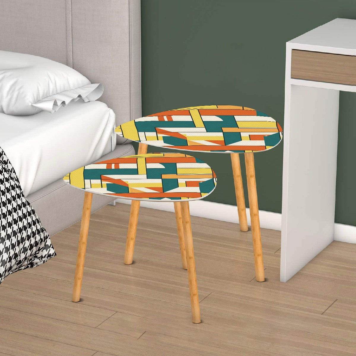 Mid Century Modern Orange Teal Yellow Bauhaus Geometric Designed Nesting Tables - Mid Century Modern Gal