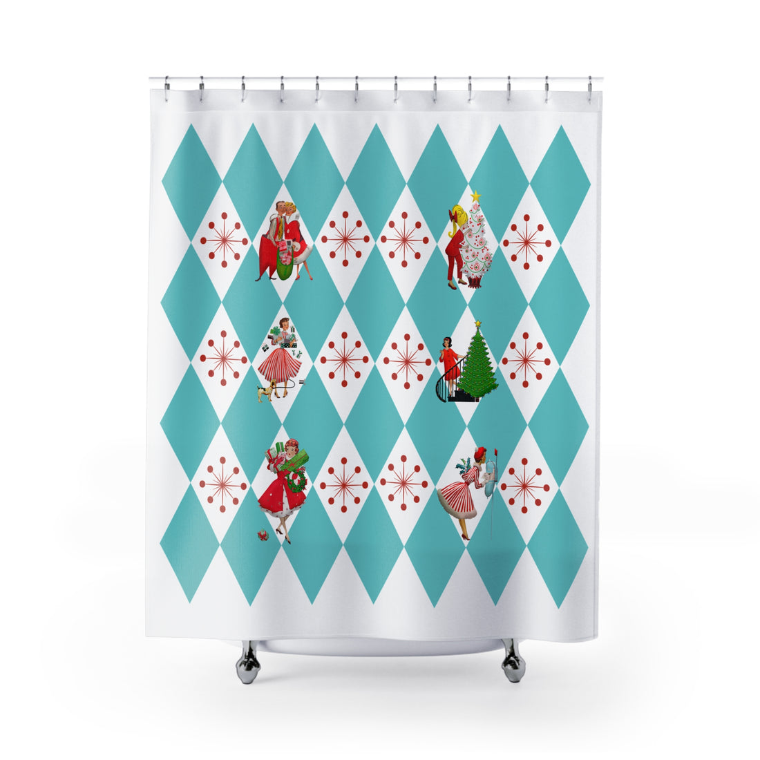 50s Holiday Kitsch, Mid Century Modern Aqua Blue, White Harlequin Diamond Starburst Christmas Shower Curtain - Mid Century Modern Gal