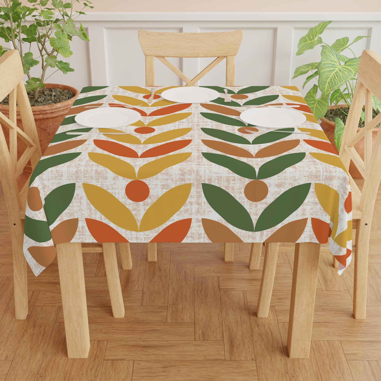 Retro Modern Danish Scandinavian Floral Orange, Yellow, Camel Brown And Floral Design for Dining Room Decor - Mid Century Modern Gal