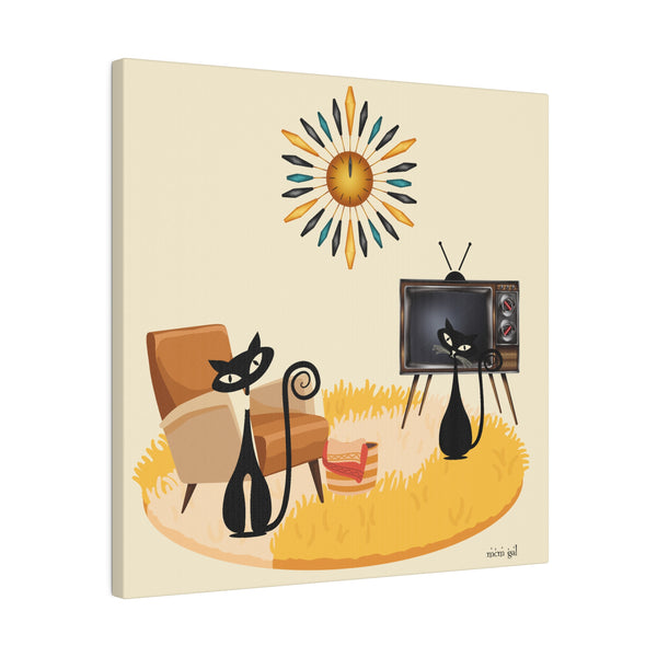 Atomic Cat Art, Mid Century Modern Chair, Retro TV, Shag Rug, Atomic Clock, MCM Matte Canvas Art