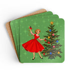 Mid Century Modern Gal Decorating Christmas Tree, Green Atomic Starbursts Corkwood Coaster Set