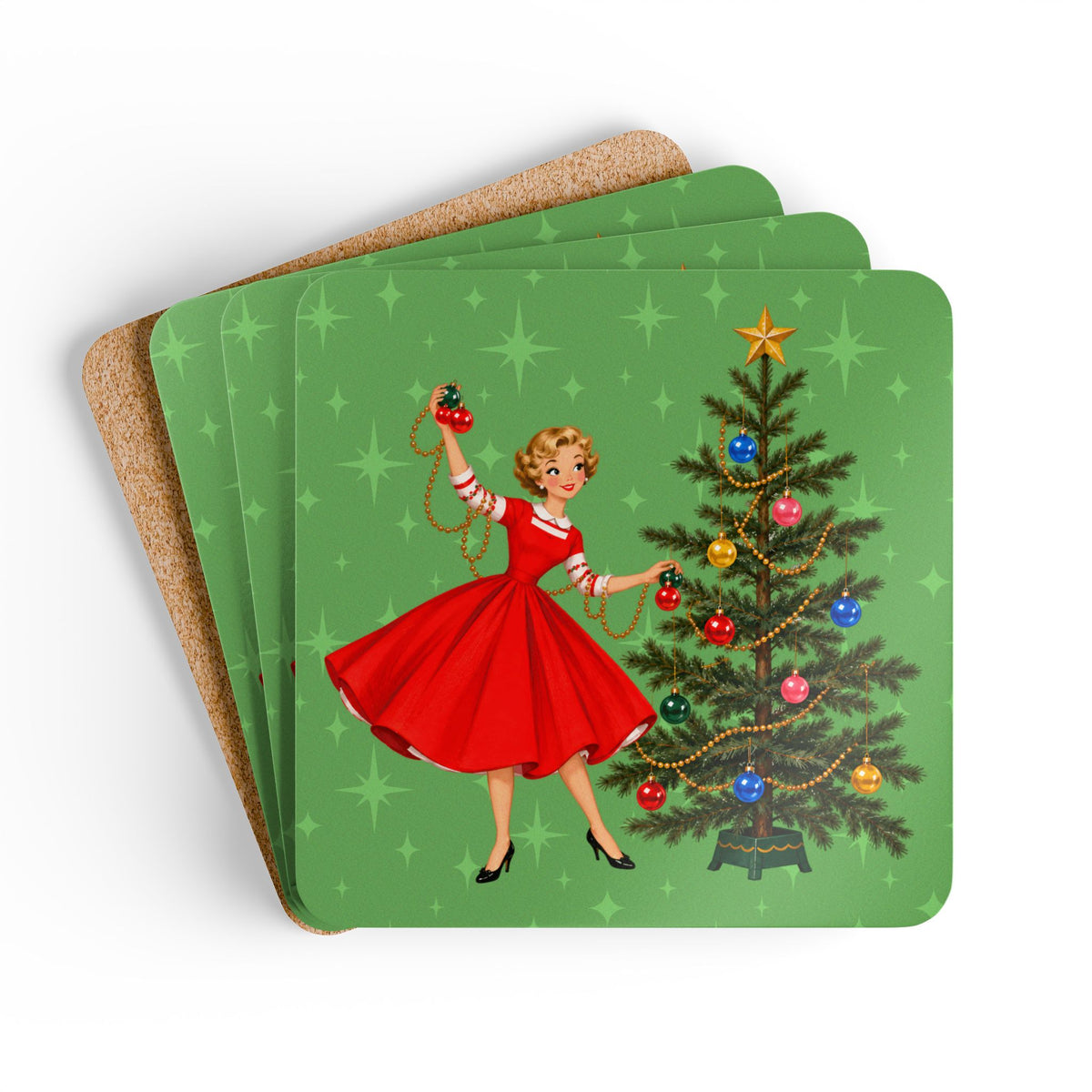 Mid Century Modern Gal Decorating Christmas Tree, Green Atomic Starbursts Corkwood Coaster Set