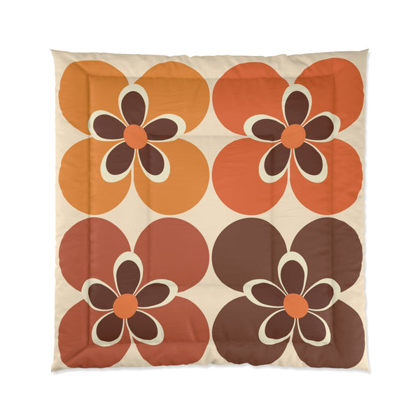 70's Bedroom, Mod Daisy, Brown, Orange, Yellow, Groovy, Retro Mid Century Modern, MCM Comforter, King, Queen