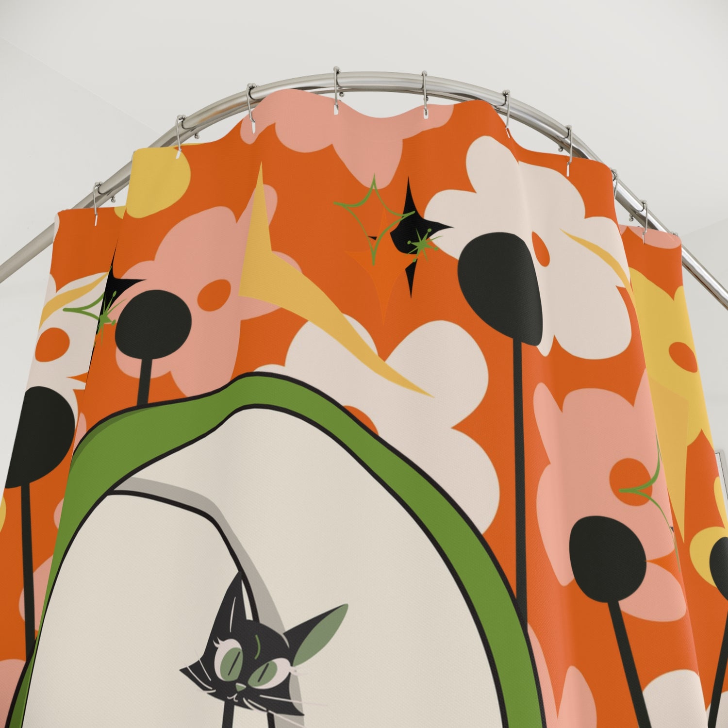 Mid-Century Modern Cat Retro Summer Vibes, Kitschy Mod  Shower Curtain - Retro Floral Design - Mid Century Modern Gal