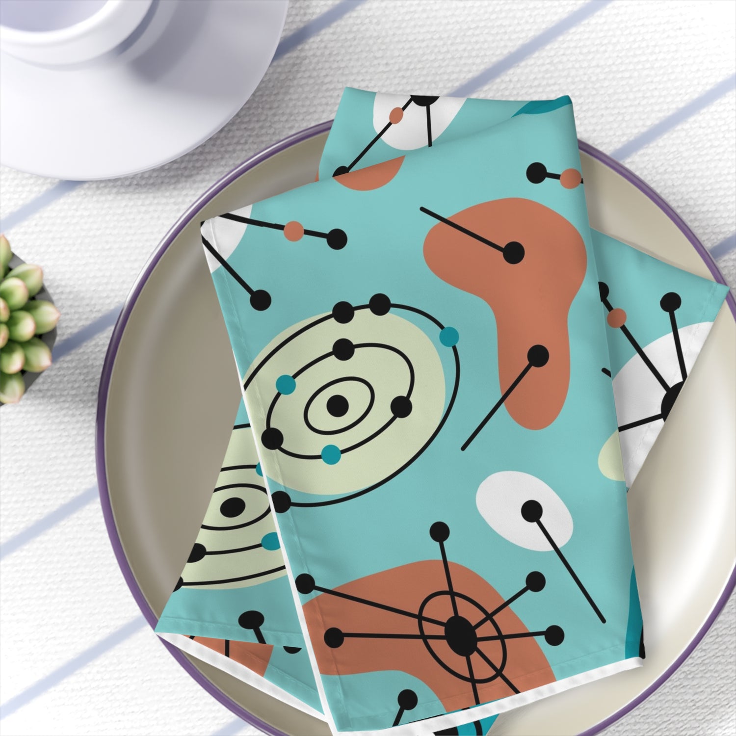 Mid Century Modern Table Linen Napkins. Aqua Blue Geometric Amoeba MCM Dinnerware
