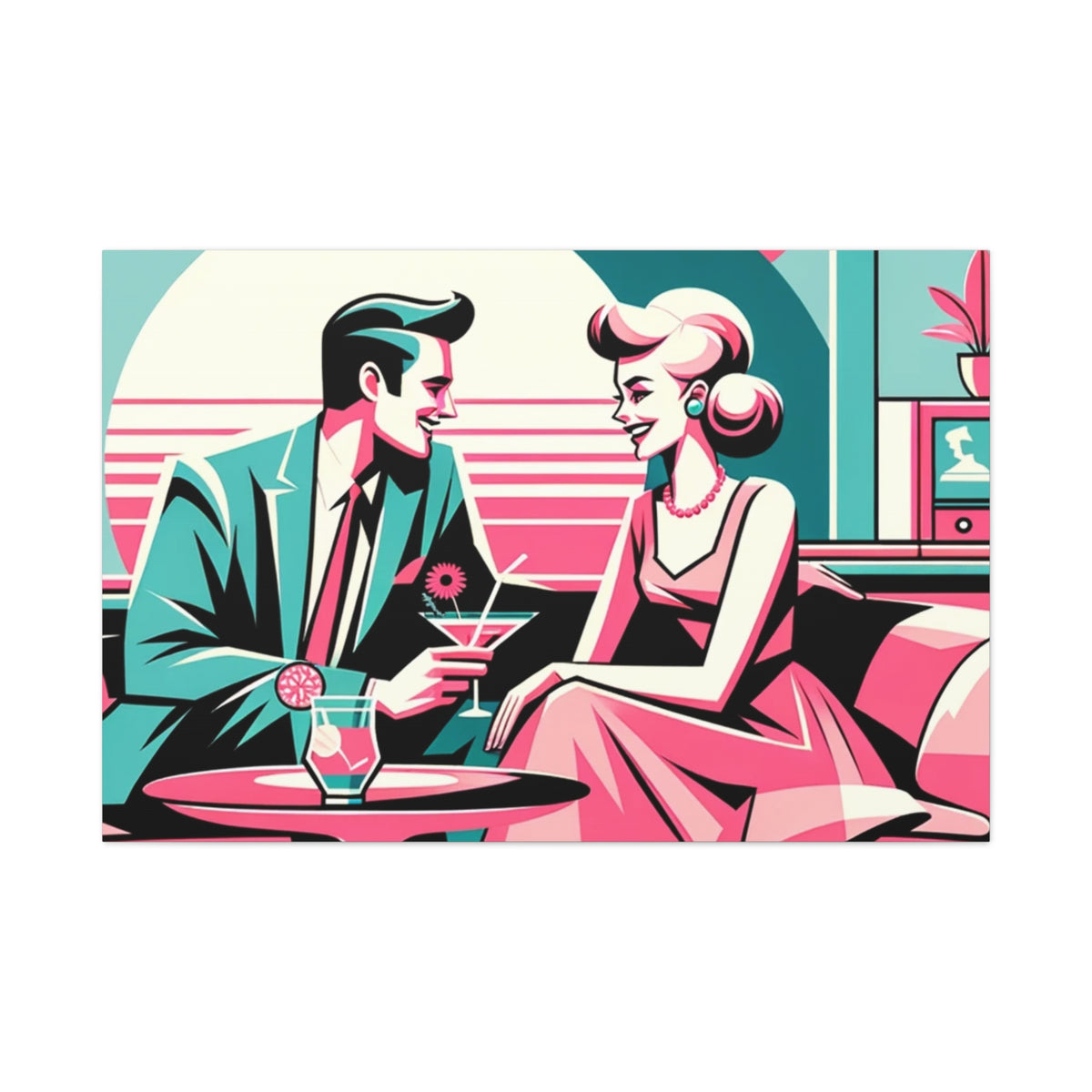 Mid Mod Retro Romance Pink, Aqua Teal Kitschy Mod Wall Art - Vintage Couple Design - Mid Century Modern Gal