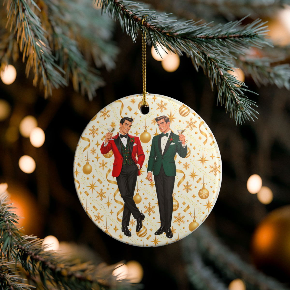Mid Century Modern Christmas Martini Dapper Gay Male Couple Ceramic Christmas Tree Ornament