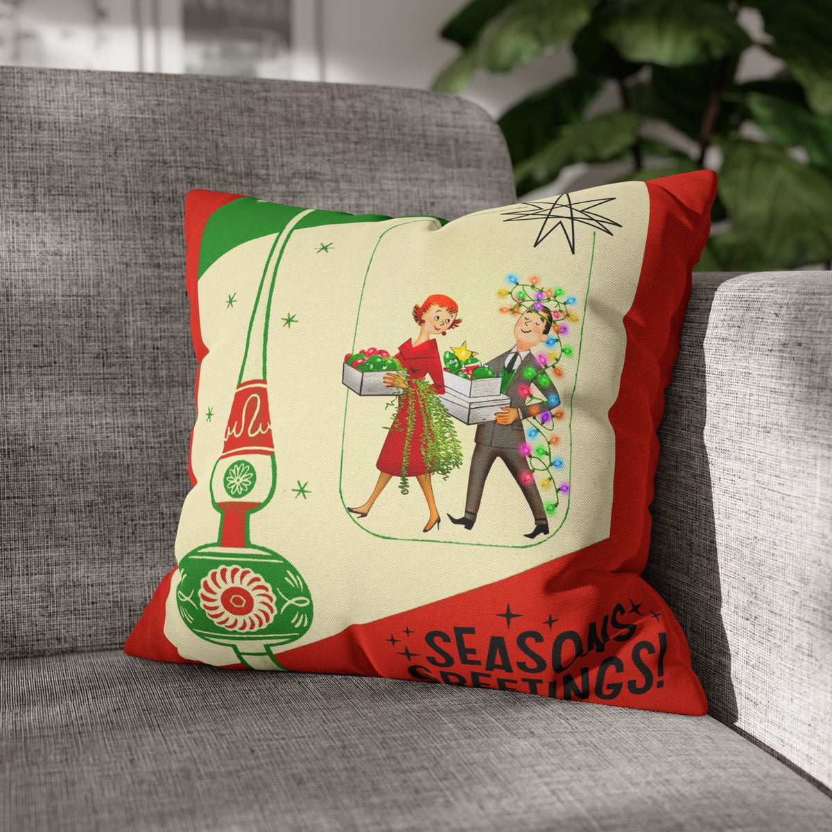 Shiny Brite Holiday Pillow Cover, Mid Century Modern Kitschy Couple Season Greetings - Mid Century Modern Gal