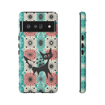 Atomic Kitschy Cat, Mid Century Modern Pink, Aqua Starbursts Tough Phone Case