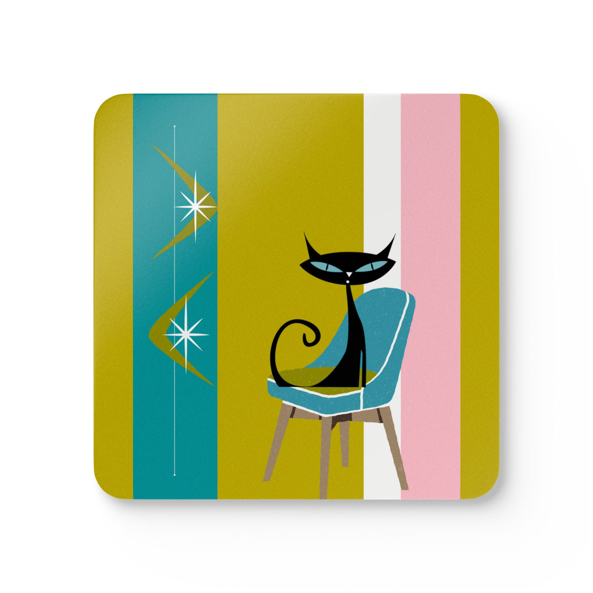 Atomic Cat Boomerang Green, Teal, Pink, White Retro 60's 70's Corkwood Coaster Set - Mid Century Modern Gal