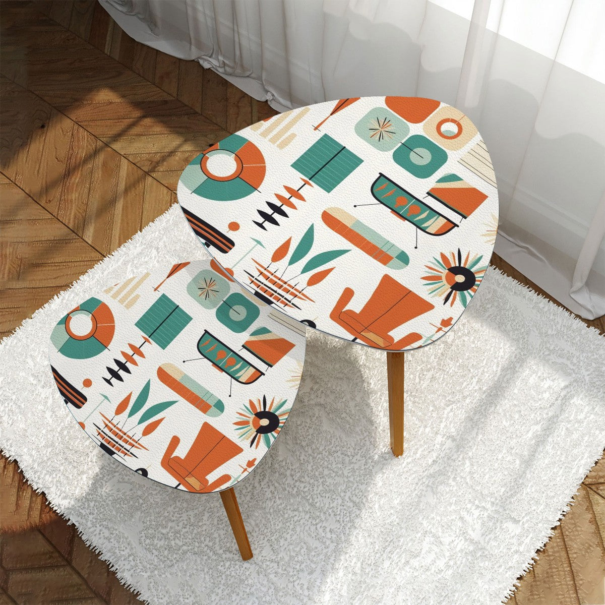 Mid Century Modern Minimalist, Modernist, Nesting Tables Triangle Coffee Table Set of 2 - Mid Century Modern Gal