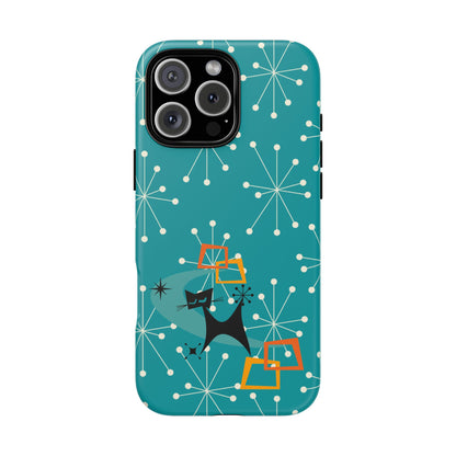 Atomic Space Cat, Starburst Blue, Retro Groovy Smart Phone Tough Phone Cases