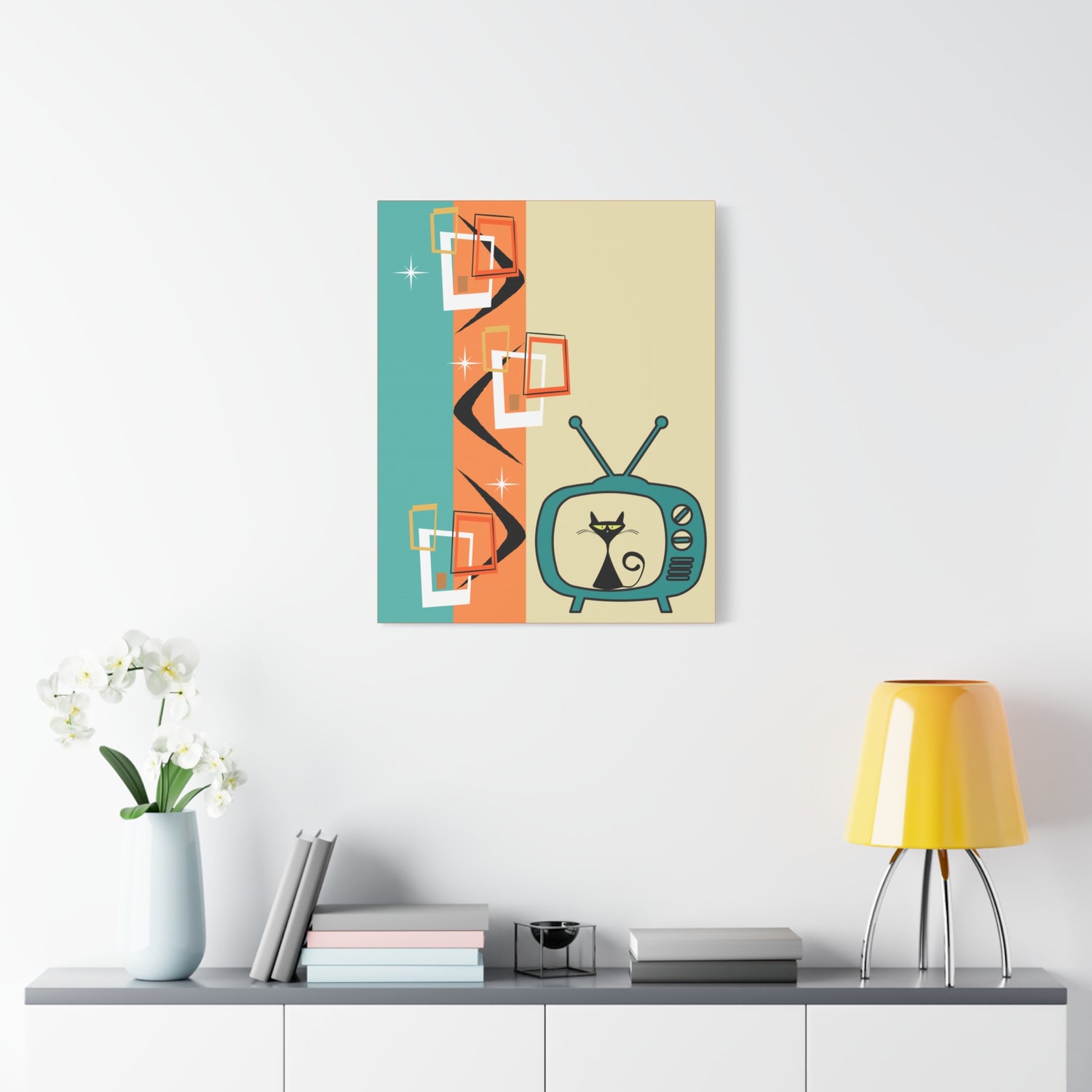 Atomic Cat Retro Kitschy Cute Boomerang Starburst Mid Mod Canvas Gallery Wraps - Mid Century Modern Gal