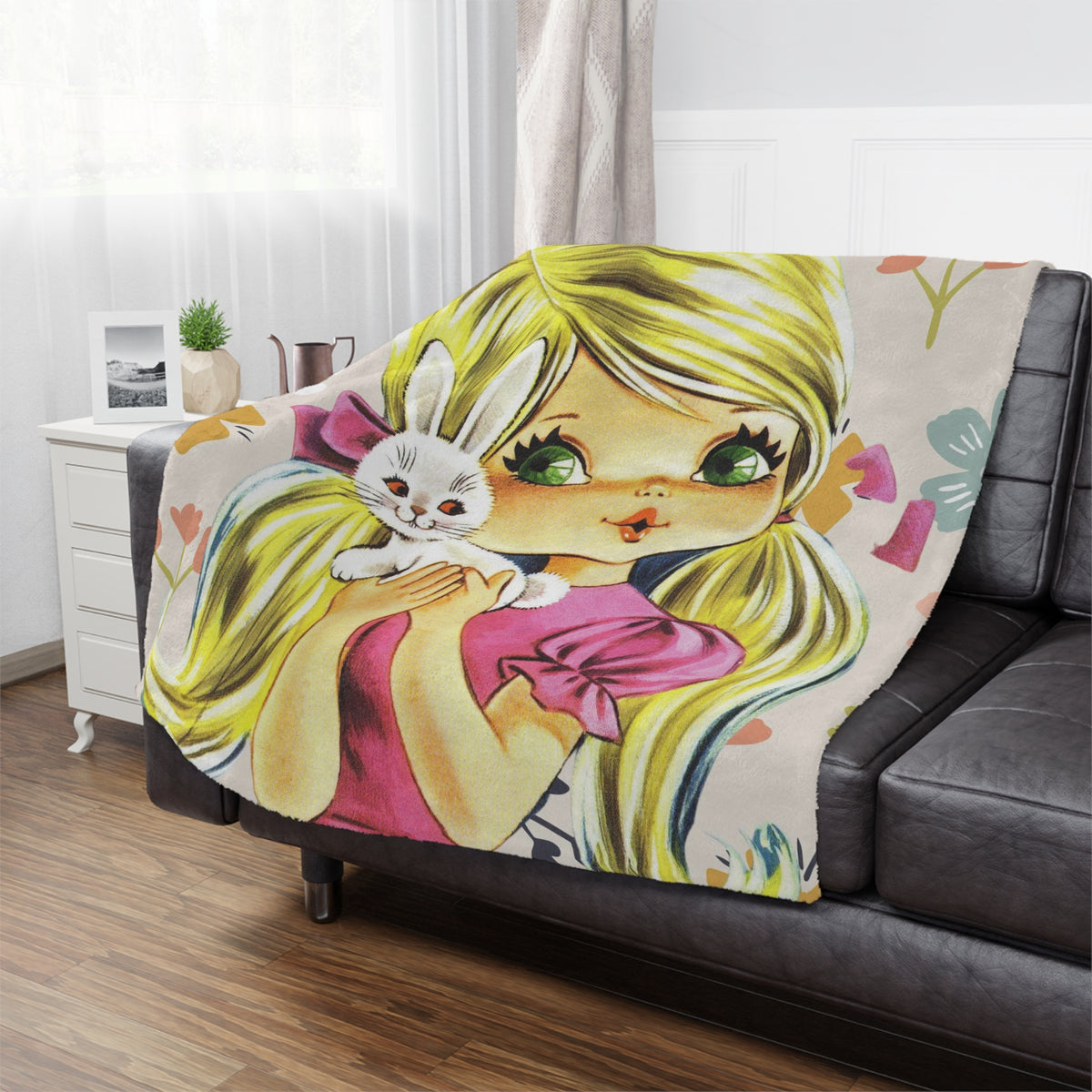 70's Retro Blanket, Blonde Haired, Big Green Eyes, Pretty Girl, Flower Power, Groovy Flowers, Girl With Bunny, Sweet, Simple Minky Blanket - Mid Century Modern Gal