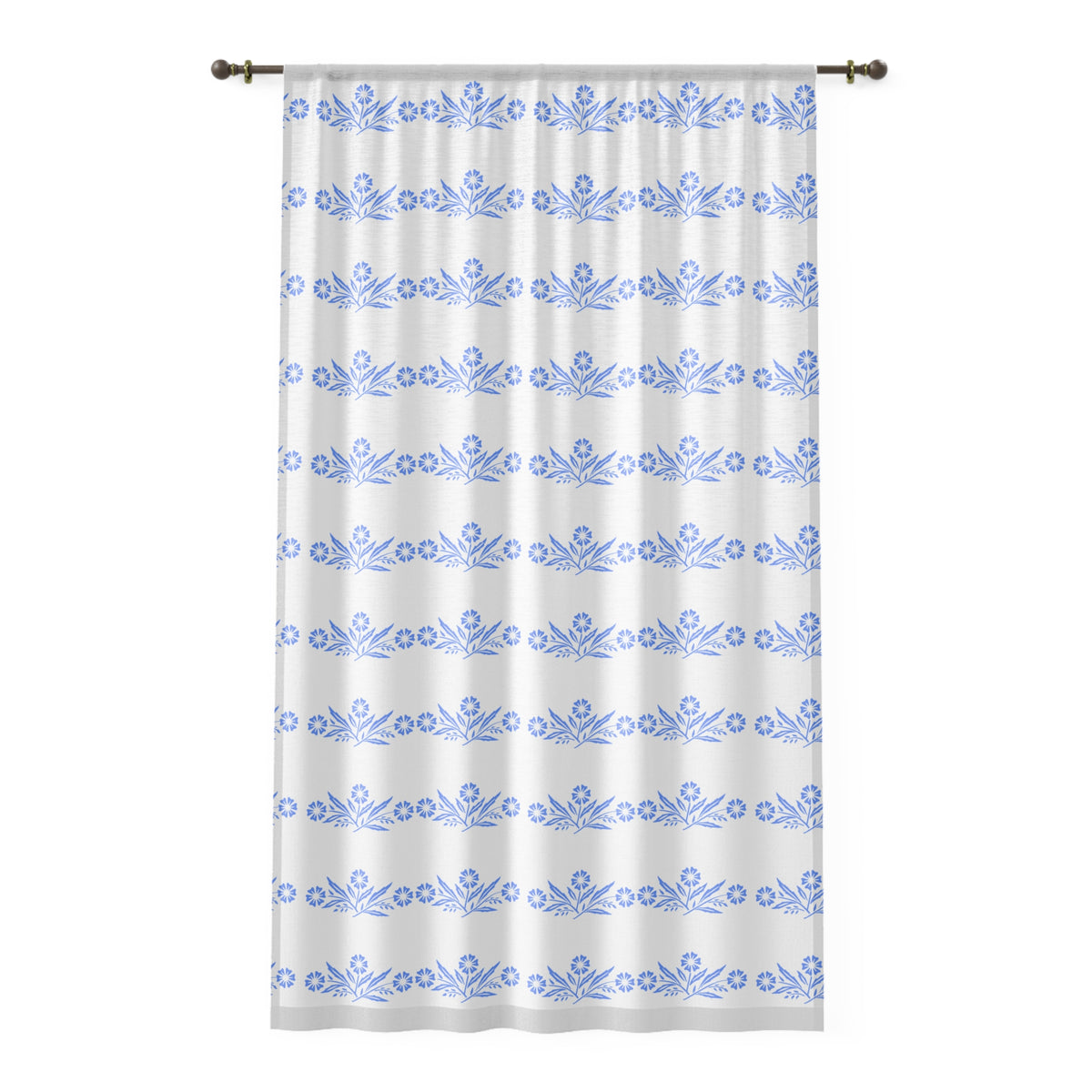Cornflower Blue And White Kitschy Cheery Sheer Window Curtain - Mid Century Modern Gal
