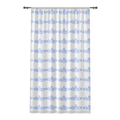 Cornflower Blue And White Kitschy Cheery Sheer Window Curtain