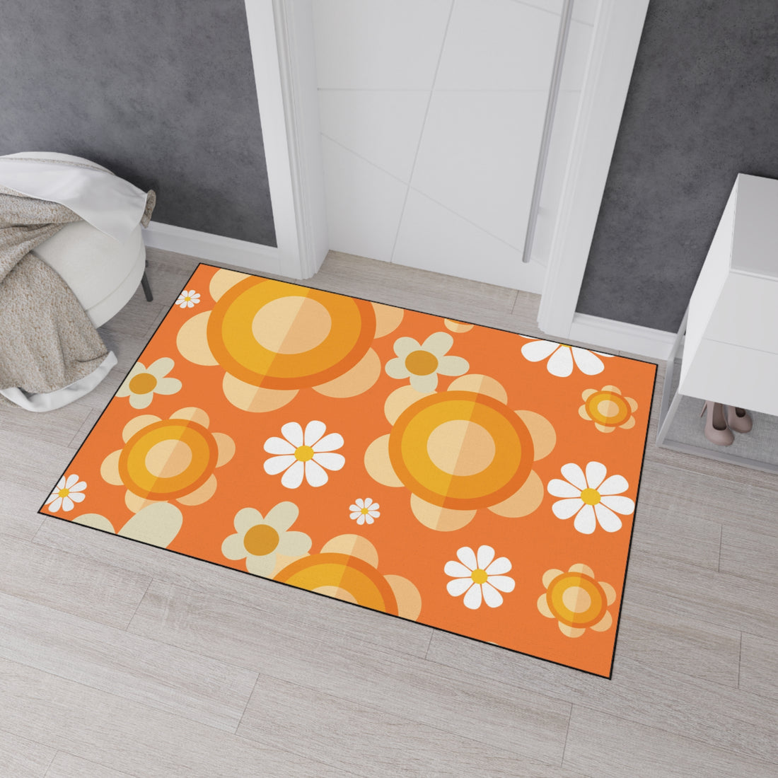 Retro Floral Orange, White Mod Daisy Heavy Duty Floor Mat - Ideal for Home Décor and Entryways