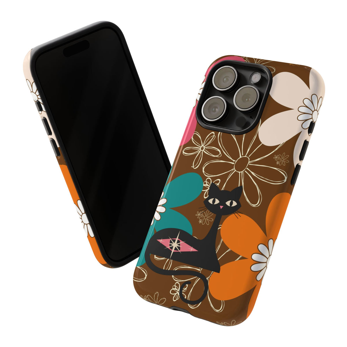 Atomic Cat Retro 70s Vibe Flower Power Tough Cases: Cute Floral and Cat Phone Case for Cat Lovers