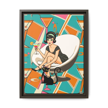 Mid Mod 60s Gal, Atomic Cat Barware Wall Art - Framed Matte Canvas with Vintage Cocktail And Retro Cat Design - Mid Century Modern Gal