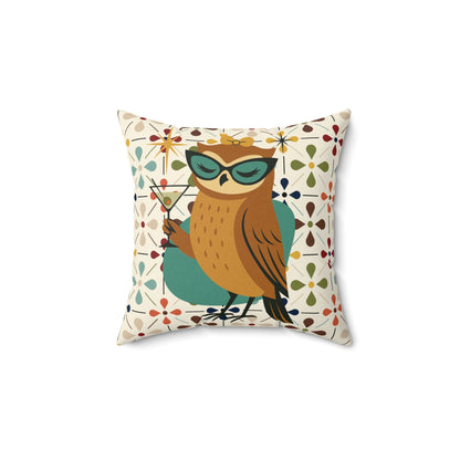 Modern Scandinavian Floral Cocktail Owl, Kitschy Mod Pillow And Insert - Mid Century Modern Gal