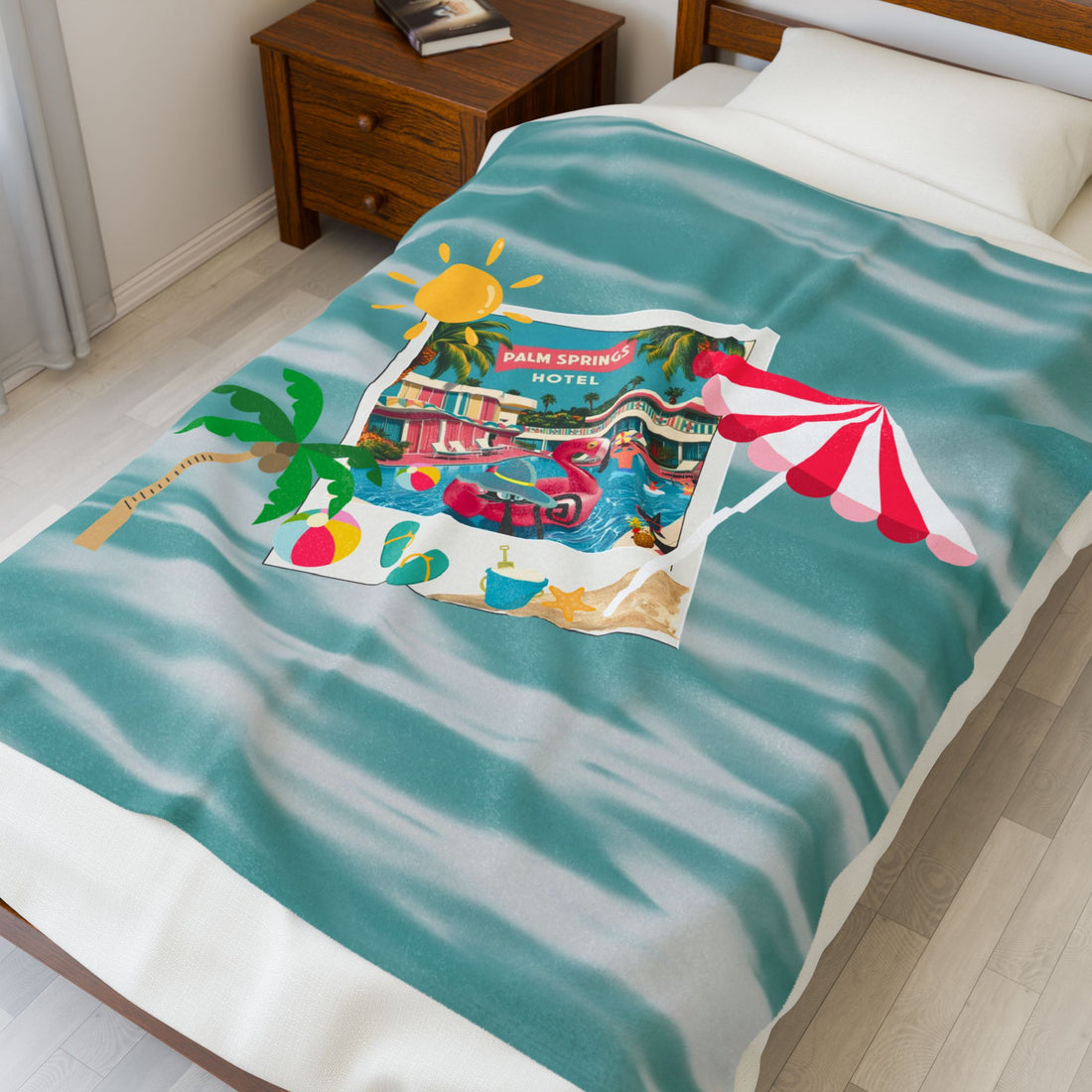 Palm Springs Hotel Retro Mod Flamingo And Atomic Cats, Tropical Getaway Velveteen Plush Blanket - Perfect for Beach Days and Cozy Nights - Mid Century Modern Gal