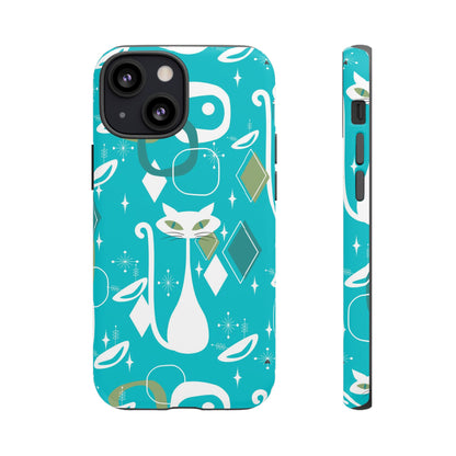 Atomic Cat Space Designs, Mid Century Modern, Aqua, White Kitschy Cat Tough Phone Case