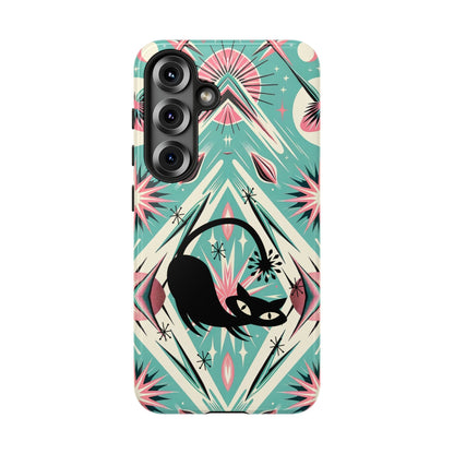 Atomic Cat, Mid Century Modern Aqua Blue, Pink, Starbursts Tough Phone Case