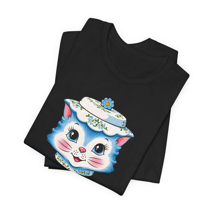 Mid Century Modern Kitschy Anthropomorphic Blue Cat with Floral Hat Unisex T-Shirt