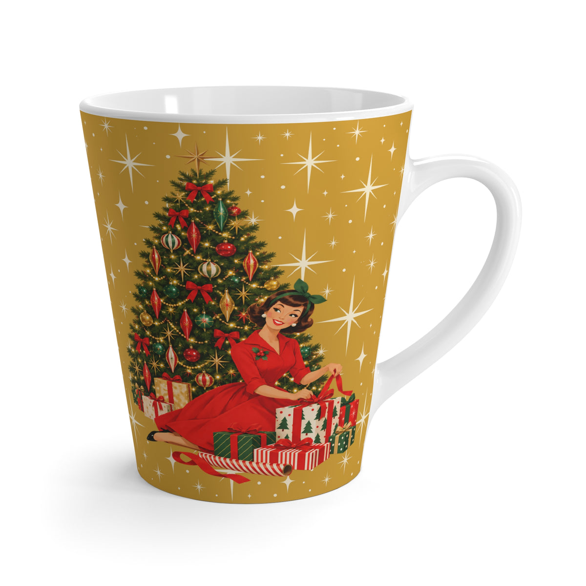 Mid Century Modern Christmas Glamour Gal Wrapping Presents by Tree, Gold Atomic Starbursts Latte Mug