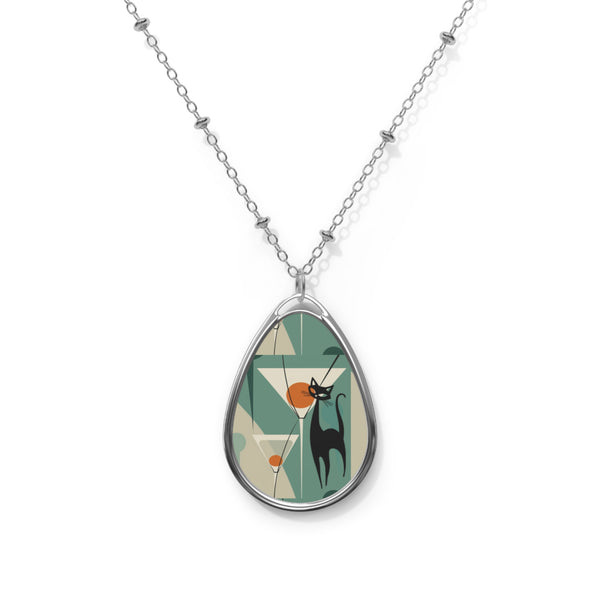 Atomic Cat Cocktail Hour Martini Lover Mid Mod Chic Cat-Themed Oval Necklace - Elegant Jewelry for Cat Lovers