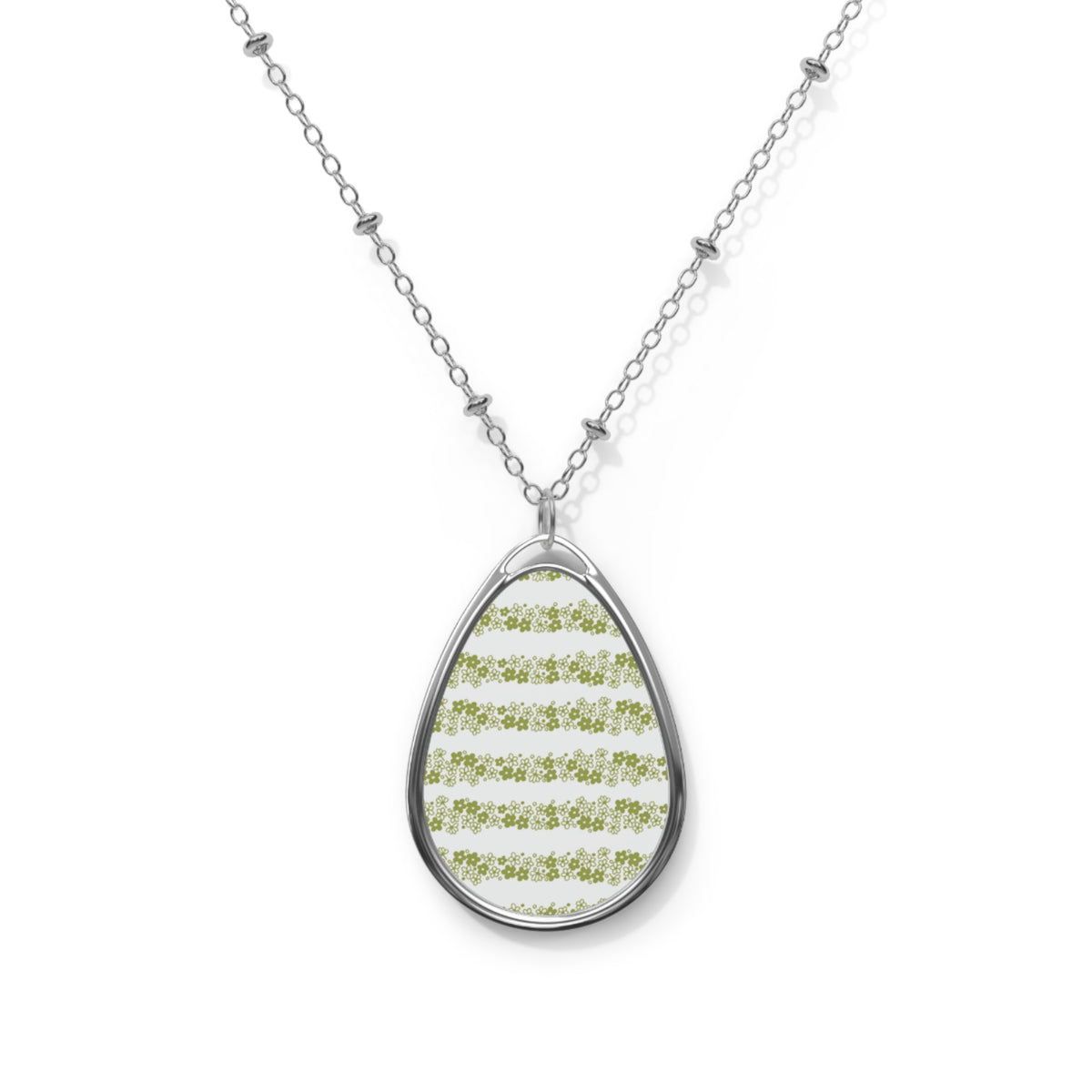 Pyrex Crazy Daisy Spring Blossom Pyrex Lover Gift Oval Necklace with Green Floral Design - Mid Century Modern Gal
