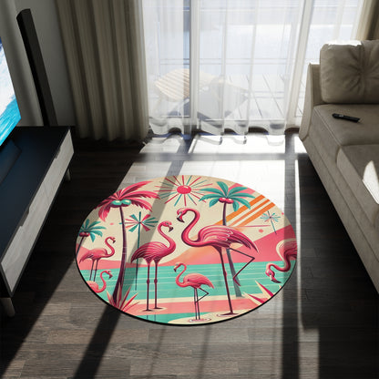 Pink Flamingo Mid Mod Retro Kitschy Round Rug