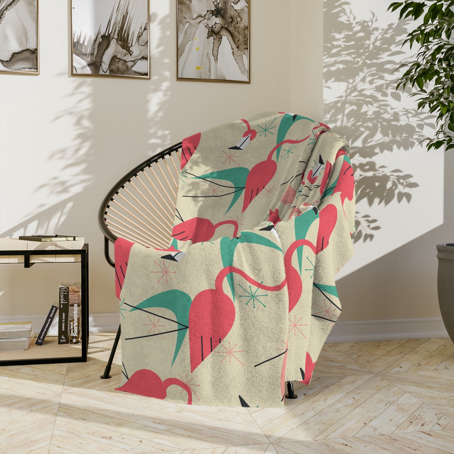 Palm Springs Mid Mod Tropical Flamingo Velveteen Blanket - Cozy Retro Kitsch Lightweight Throw - Mid Century Modern Gal