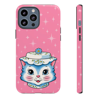 Mid Century Modern Kitschy Anthropomorphic Blue Cat with Floral Hat Tough Phone Case