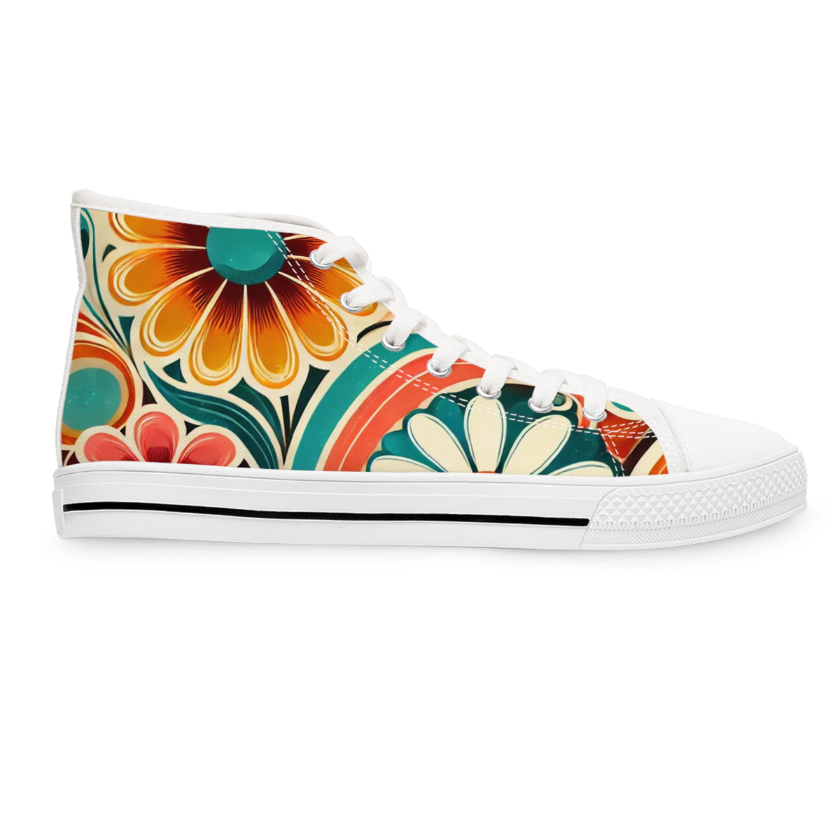 Retro 70s Bohemian Floral Women's High Top Sneakers - Vibrant Style for Every Occasion - Mid Century Modern Gal