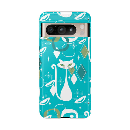 Atomic Cat Space Designs, Mid Century Modern, Aqua, White Kitschy Cat Tough Phone Case