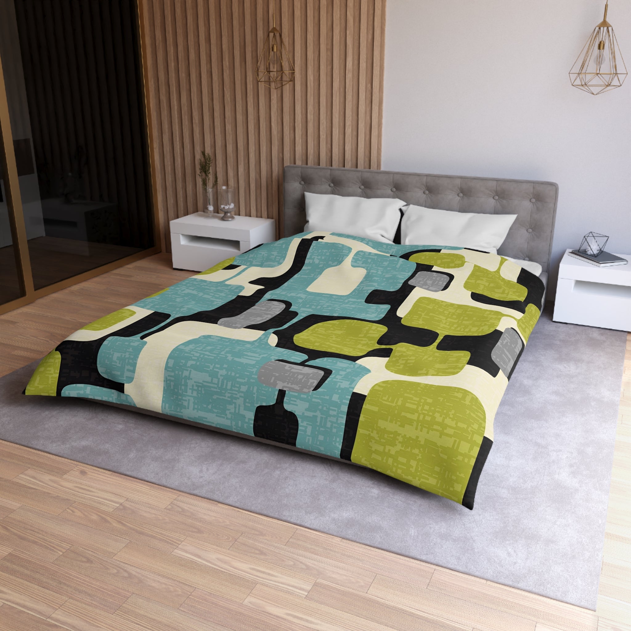 Mid Century Modern Geometric Atomic Home Living, Aqua Blue, Green, Black Gray Microfiber Duvet Cover - Mid Century Modern Gal