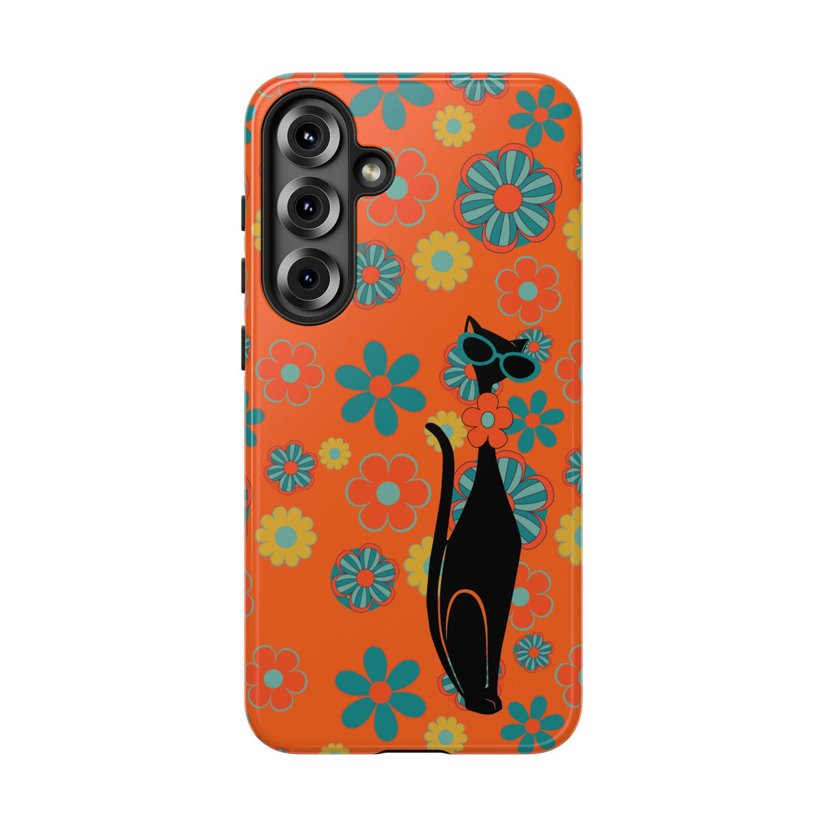 Flower Power, Retro Groovy Atomic Cat, Hipster Style Orange Samsung Galaxy and Google Pixel Tough Cases