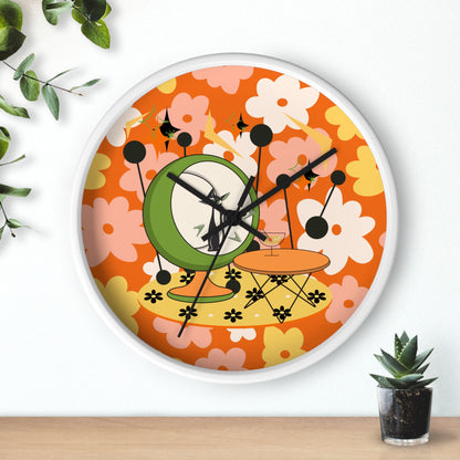 Atomic Cat Mid Century Modern Groovy Retro Floral Cat Wall Clock - Vintage Home Decor - Mid Century Modern Gal