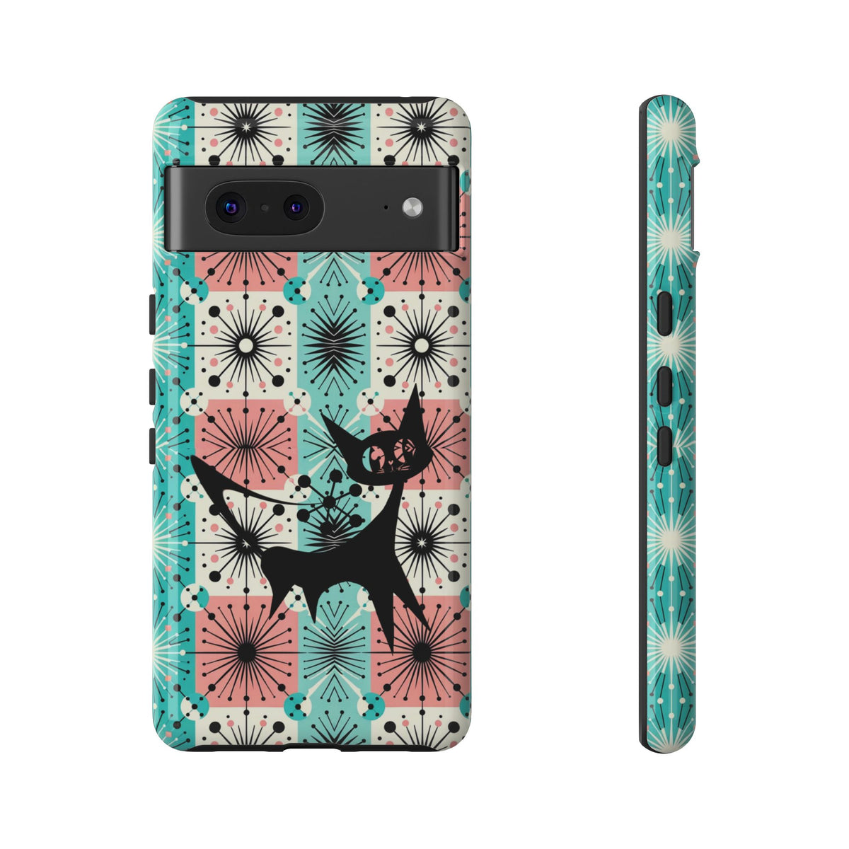 Atomic Kitschy Cat, Mid Century Modern Pink, Aqua Starbursts Tough Phone Case