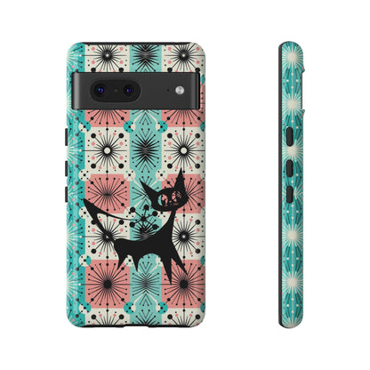 Atomic Kitschy Cat, Mid Century Modern Pink, Aqua Starbursts Tough Phone Case