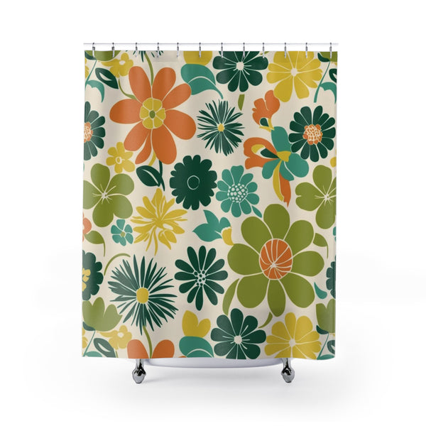 Retro Flower Power 70s Vintage Floral Shower Curtain - Colorful Bathroom Decor