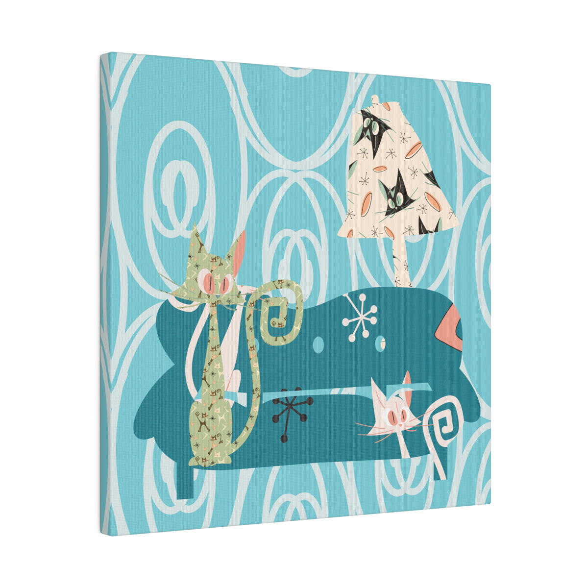 Atomic Cat Art, Quirky Kitschy Blue, Green,  Teal Mid Century Modern Wall Art - Mid Century Modern Gal