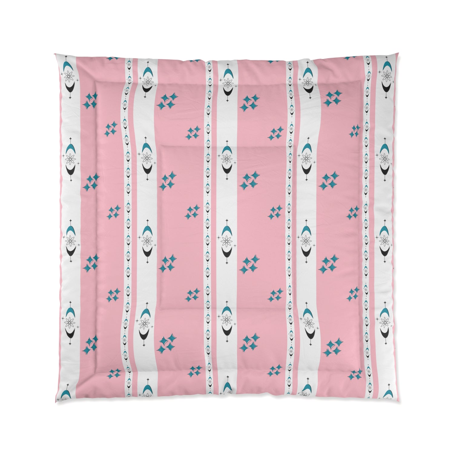 Atomic 50s Pink, Starbursts, Mid ModChic Comforter with Pink and Teal Pattern for Cozy Bedrooms - Mid Century Modern Gal