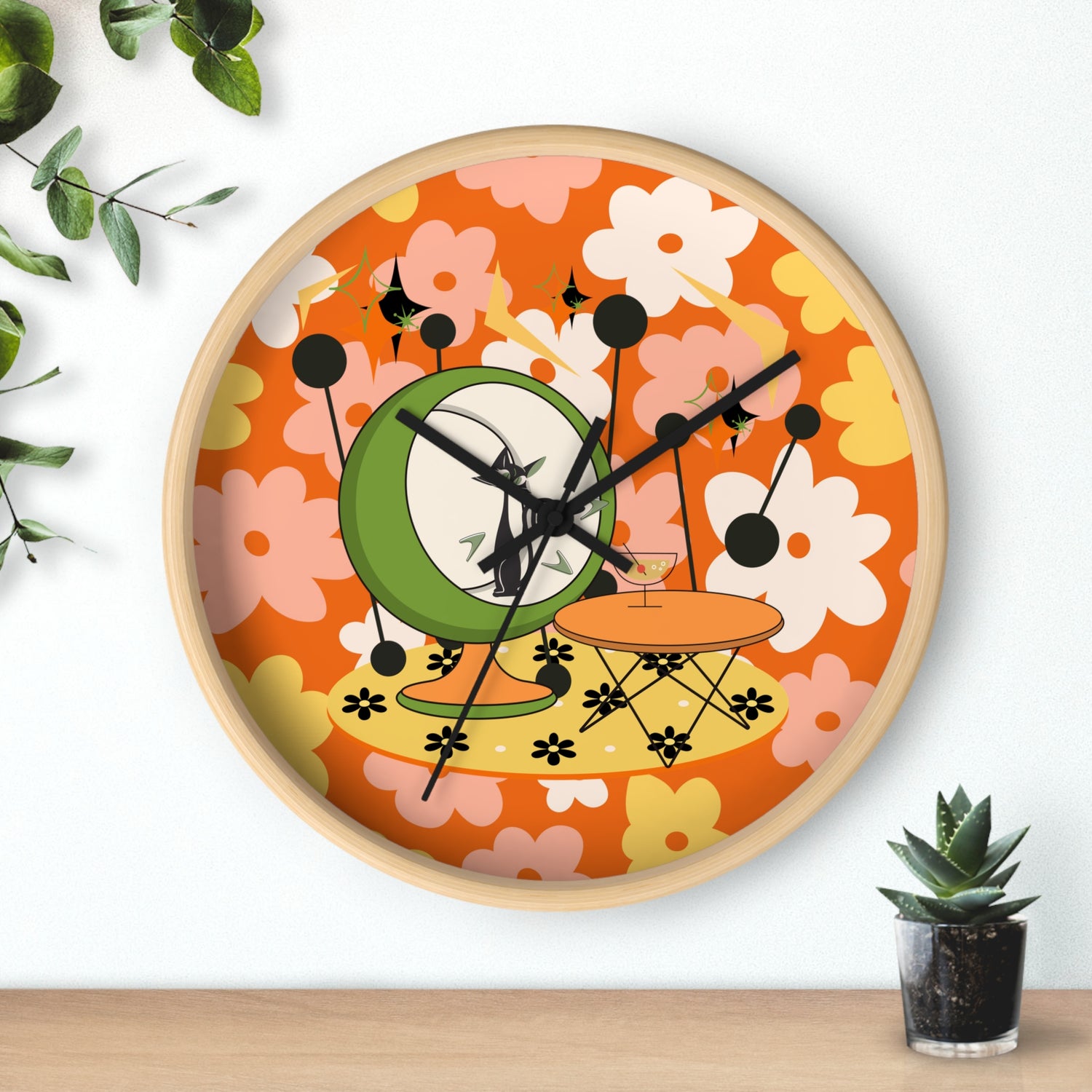 Atomic Cat Mid Century Modern Groovy Retro Floral Cat Wall Clock - Vintage Home Decor - Mid Century Modern Gal