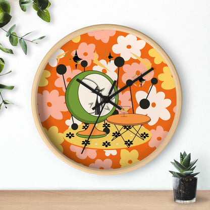 Atomic Cat Mid Century Modern Groovy Retro Floral Cat Wall Clock - Vintage Home Decor - Mid Century Modern Gal