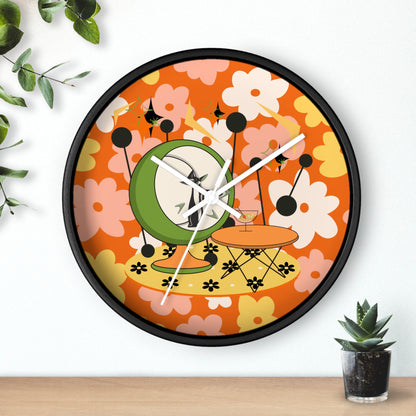 Atomic Cat Mid Century Modern Groovy Retro Floral Cat Wall Clock - Vintage Home Decor - Mid Century Modern Gal