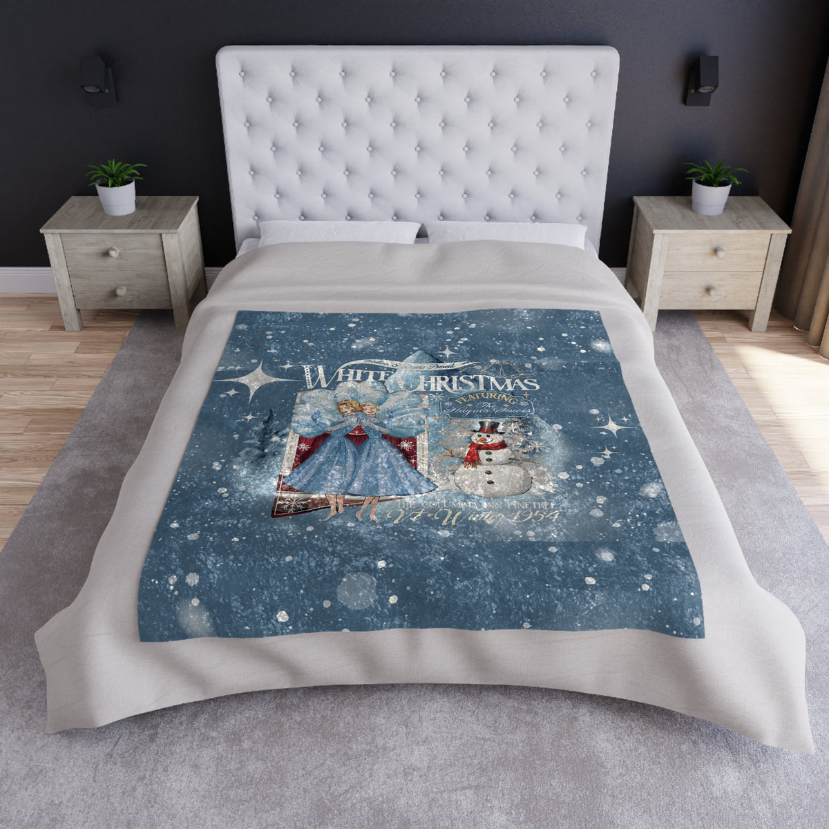 Sister Sister 50s White Christmas Holiday Kitsch Wallace And Davis Movie, Blue Crushed Velvet Blanket - Mid Century Modern Gal