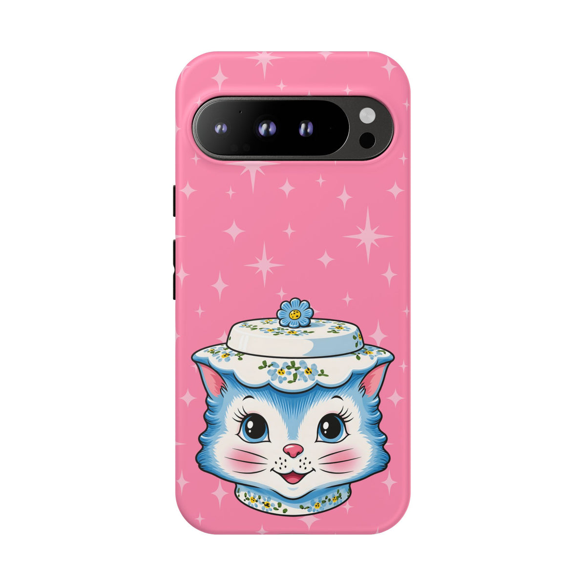 Mid Century Modern Kitschy Anthropomorphic Blue Cat with Floral Hat Tough Phone Case